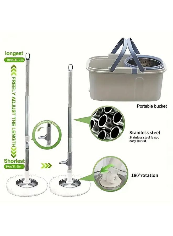 Grey Double Handle Rotating Mop And Bucket Set With 2 Pads And Wheels - Image 4